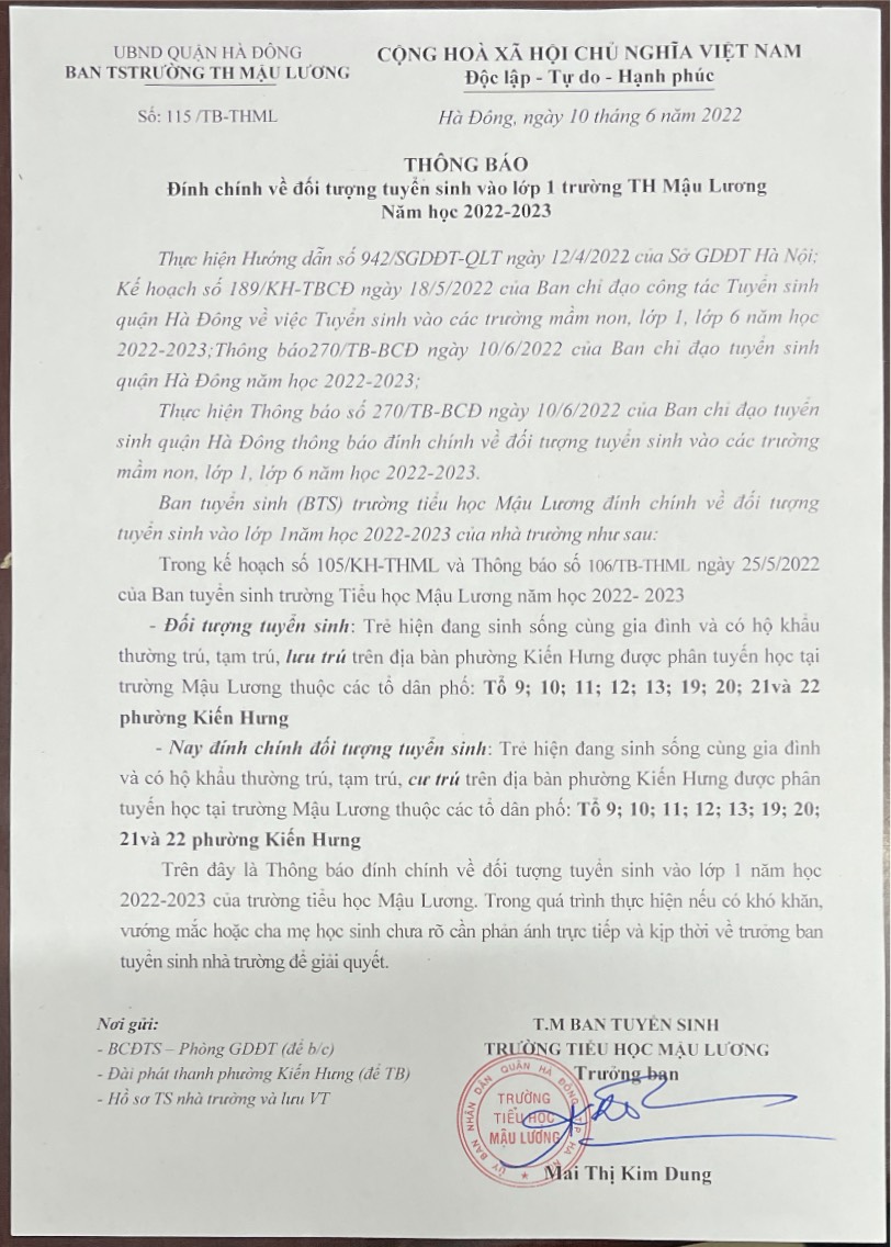 Thông báo tuyển sinh (đính chính)